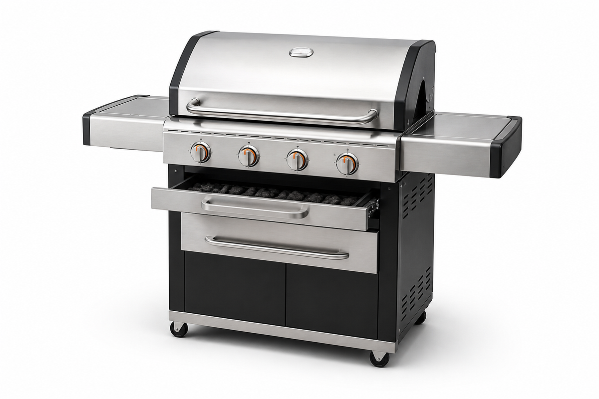 ArcFlame 4-Burner Hybrid Gas Grill with Charcoal Insert Tray and Stainless Warming Drawer
