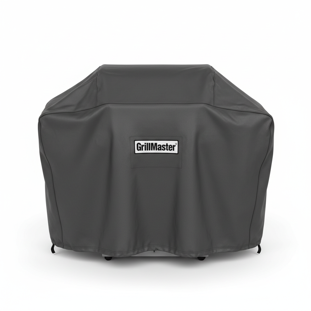GrillMaster Universal Grill Cover in charcoal grey waterproof fabric fitted over a large gas grill