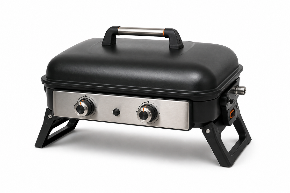 CrestLine Compact 2-Burner Tabletop Gas Grill with Foldable Legs and Carry Handle