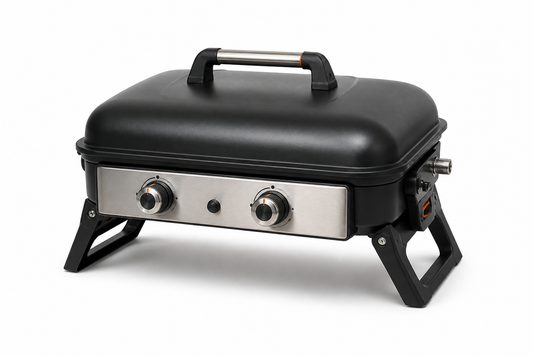 CrestLine Compact 2-Burner Tabletop Gas Grill with Foldable Legs and Carry Handle