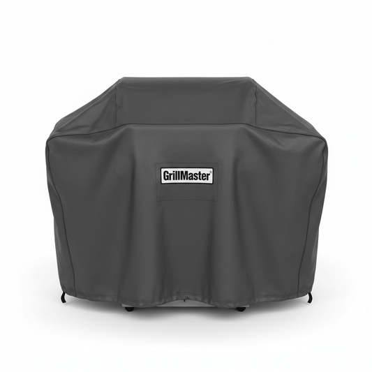 GrillMaster Universal Grill Cover in charcoal grey waterproof fabric fitted over a large gas grill