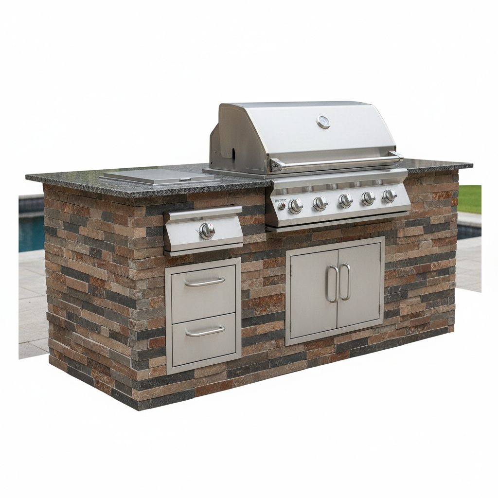 StoneCraft Built-In Grill Island with natural stone veneer and stainless steel built-in grill