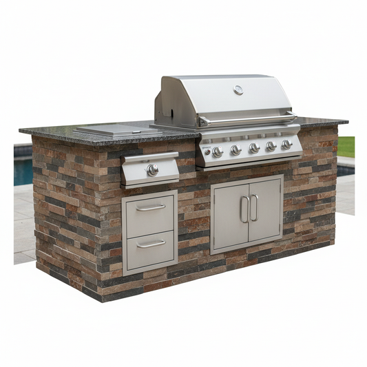 StoneCraft Built-In Grill Island with natural stone veneer and stainless steel built-in grill