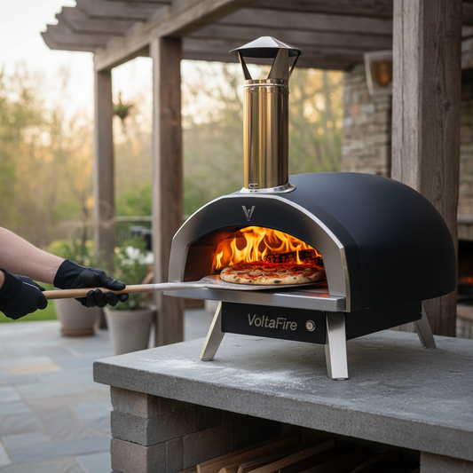 VoltaFire Wood-Fired Pizza Oven with dome design and glowing fire inside